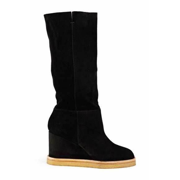 BA&SH Cassandra 100% Suede Leather Black Wedge Pull On Knee High Scrunch Boots - Picture 1 of 16